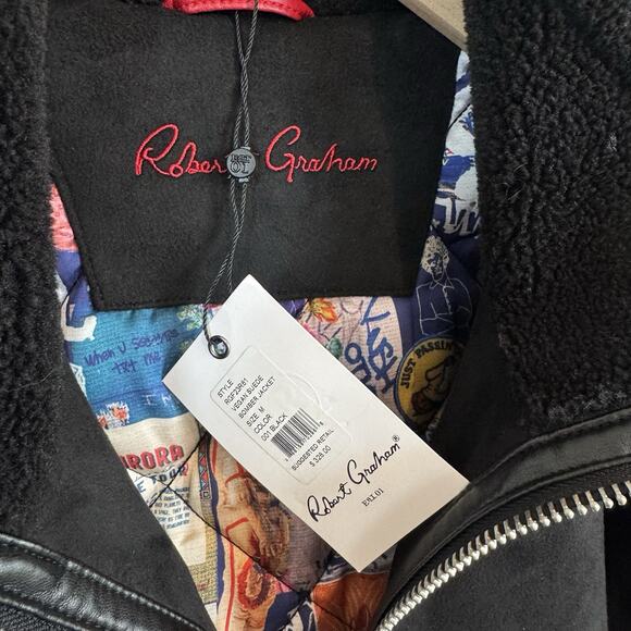 Robert Graham Vegan Suede Insulated Zip Up Black Bomber Jacket Medium NEW Sherpa - Picture 5 of 7